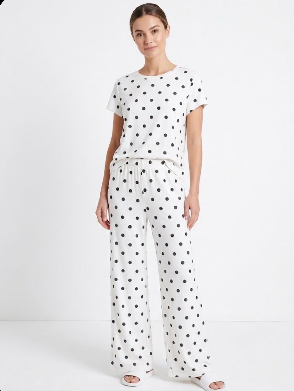 SUNDRY Luxe Blend Polka Dot Pajama Lounge Set Tee & Wide Leg Pants